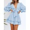 imageDokotoo Womens Casual Spring Fall 2025 Deep V Neck Knotted Tiered Chiffon Elegant Mini Short Swing Skater Dresses3 Blue