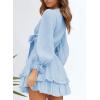 imageDokotoo Womens Casual Spring Fall 2025 Deep V Neck Knotted Tiered Chiffon Elegant Mini Short Swing Skater Dresses3 Blue