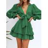 imageDokotoo Womens Casual Spring Fall 2025 Deep V Neck Knotted Tiered Chiffon Elegant Mini Short Swing Skater Dresses3 Dark Green