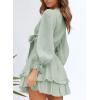 imageDokotoo Womens Casual Spring Fall 2025 Deep V Neck Knotted Tiered Chiffon Elegant Mini Short Swing Skater Dresses3 Green