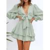 imageDokotoo Womens Casual Spring Fall 2025 Deep V Neck Knotted Tiered Chiffon Elegant Mini Short Swing Skater Dresses3 Green