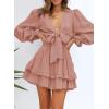 imageDokotoo Womens Casual Spring Fall 2025 Deep V Neck Knotted Tiered Chiffon Elegant Mini Short Swing Skater Dresses3 Pink 4