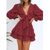 imageDokotoo Womens Casual Spring Fall 2025 Deep V Neck Knotted Tiered Chiffon Elegant Mini Short Swing Skater Dresses3 Red