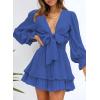 imageDokotoo Womens Casual Spring Fall 2025 Deep V Neck Knotted Tiered Chiffon Elegant Mini Short Swing Skater Dresses3 Royal Blue