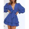 imageDokotoo Womens Casual Spring Fall 2025 Deep V Neck Knotted Tiered Chiffon Elegant Mini Short Swing Skater Dresses3 Royal Blue