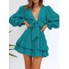 imageDokotoo Womens Casual Spring Fall 2025 Deep V Neck Knotted Tiered Chiffon Elegant Mini Short Swing Skater Dresses3 Turquoise