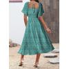 imageDokotoo Womens Dresses 2025 Square Neck Tie Backless Summer Dresses Cap Sleeve Floral Buttoned Empire Waist Maxi DressDark Green
