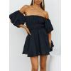 imageDokotoo Womens Off The Shoulder Summer Dresses 2025 Short Lantern Sleeve Ruffle Elastic Waist ALine Casual Mini DressC Black