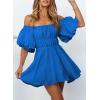 imageDokotoo Womens Off The Shoulder Summer Dresses 2025 Short Lantern Sleeve Ruffle Elastic Waist ALine Casual Mini DressD Blue