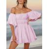 imageDokotoo Womens Off The Shoulder Summer Dresses 2025 Short Lantern Sleeve Ruffle Elastic Waist ALine Casual Mini DressPurple