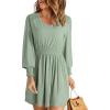imageDokotoo Fall Dresses for 2024 Long Sleeve V Neck Smocked Elastic Waist Casual ALine Swing Mini Dress with PocketsGreen