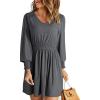 imageDokotoo Fall Dresses for 2024 Long Sleeve V Neck Smocked Elastic Waist Casual ALine Swing Mini Dress with PocketsGrey