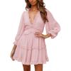 imageDokotoo Womens 2024 Polka Dot Deep V Neck Ruffle Long Sleeve Open Back Flowy Mini DressSolid2 Pink