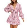 imageDokotoo Womens Casual Spring Fall 2025 Deep V Neck Knotted Tiered Chiffon Elegant Mini Short Swing Skater Dresses4 Pink 2