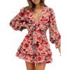 imageDokotoo Womens Casual Spring Fall 2025 Deep V Neck Knotted Tiered Chiffon Elegant Mini Short Swing Skater Dresses4 Red