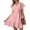 imageDokotoo Womens Summer Dresses 2025 Short Sleeve V Neck Empire Waist Drawstring Casual Ruffle ALine Swing Mini Babydoll DressPink