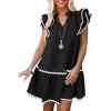 imageDokotoo Womens Summer Dresses 2025 VNeck Drawstring Ruffle Cap Short Sleeve Side Pockets Mini Dress SundressBlack With White Lace