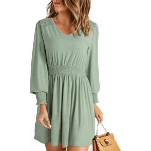 imageDokotoo Fall Dresses for 2024 Long Sleeve V Neck Smocked Elastic Waist Casual ALine Swing Mini Dress with PocketsGreen