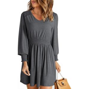 imageDokotoo Fall Dresses for 2024 Long Sleeve V Neck Smocked Elastic Waist Casual ALine Swing Mini Dress with PocketsGrey