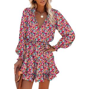 imageDokotoo Fall Dresses for Women 2025 Boho Floral Drawstring V Neck Smocked Long Sleeve Ruffle Tiered Chiffon Mini DressZ Print Floral 6