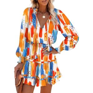 imageDokotoo Fall Dresses for Women 2025 Boho Floral Drawstring V Neck Smocked Long Sleeve Ruffle Tiered Chiffon Mini DressZ Print Multicolor 2