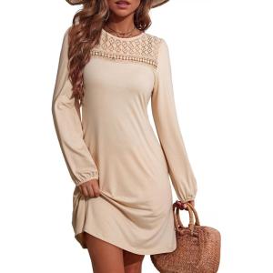 imageDokotoo Fall Dresses for Women 2025 Crew Neck Long Sleeve A Line Shift Dress Solid Color Loose Fit Mini DressApricot