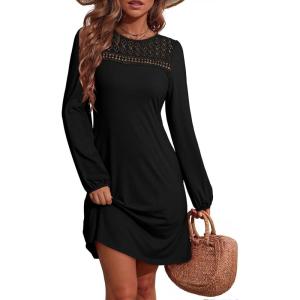 imageDokotoo Fall Dresses for Women 2025 Crew Neck Long Sleeve A Line Shift Dress Solid Color Loose Fit Mini DressBlack