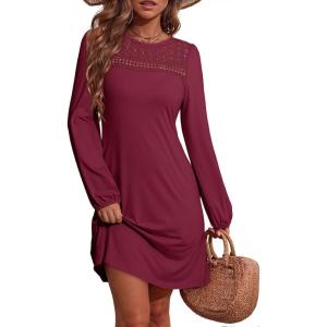 imageDokotoo Fall Dresses for Women 2025 Crew Neck Long Sleeve A Line Shift Dress Solid Color Loose Fit Mini DressBurgundy