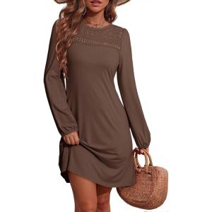 imageDokotoo Fall Dresses for Women 2025 Crew Neck Long Sleeve A Line Shift Dress Solid Color Loose Fit Mini DressCoffee