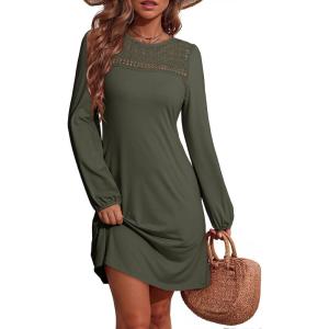 imageDokotoo Fall Dresses for Women 2025 Crew Neck Long Sleeve A Line Shift Dress Solid Color Loose Fit Mini DressMoss Green