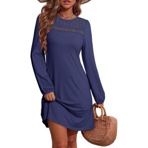 imageDokotoo Fall Dresses for Women 2025 Crew Neck Long Sleeve A Line Shift Dress Solid Color Loose Fit Mini DressNavy Blue