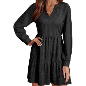 imageDokotoo Fall Dresses for Women 2025 Long Sleeve V Neck Textured Casual Lightweight Tiered Ruffle ALine Mini Babydoll DressBlack