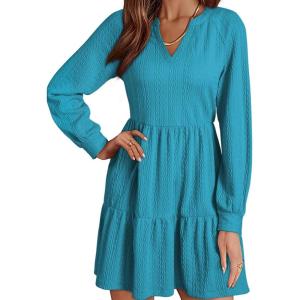 imageDokotoo Fall Dresses for Women 2025 Long Sleeve V Neck Textured Casual Lightweight Tiered Ruffle ALine Mini Babydoll DressBlue