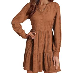 imageDokotoo Fall Dresses for Women 2025 Long Sleeve V Neck Textured Casual Lightweight Tiered Ruffle ALine Mini Babydoll DressBrown