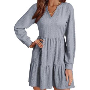 imageDokotoo Fall Dresses for Women 2025 Long Sleeve V Neck Textured Casual Lightweight Tiered Ruffle ALine Mini Babydoll DressGrey
