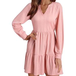 imageDokotoo Fall Dresses for Women 2025 Long Sleeve V Neck Textured Casual Lightweight Tiered Ruffle ALine Mini Babydoll DressPink