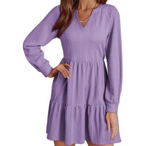 imageDokotoo Fall Dresses for Women 2025 Long Sleeve V Neck Textured Casual Lightweight Tiered Ruffle ALine Mini Babydoll DressPurple