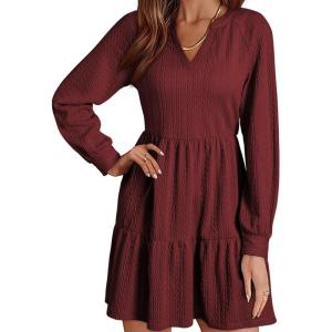 imageDokotoo Fall Dresses for Women 2025 Long Sleeve V Neck Textured Casual Lightweight Tiered Ruffle ALine Mini Babydoll DressRed