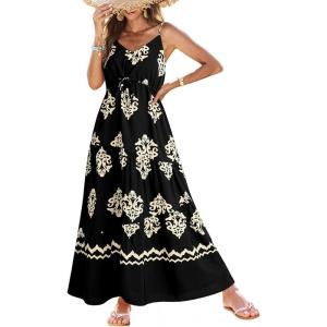 imageDokotoo Summer Dress Casual Womens Boho Dress Sleeveless Printed Long Tiered Maxi Dress Beach Dress 2025Black