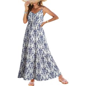 imageDokotoo Summer Dress Casual Womens Boho Dress Sleeveless Printed Long Tiered Maxi Dress Beach Dress 2025Blue