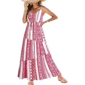 imageDokotoo Summer Dress Casual Womens Boho Dress Sleeveless Printed Long Tiered Maxi Dress Beach Dress 2025Red