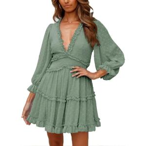 imageDokotoo Womens 2024 Polka Dot Deep V Neck Ruffle Long Sleeve Open Back Flowy Mini DressSolid2 Green