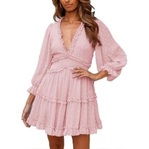 imageDokotoo Womens 2024 Polka Dot Deep V Neck Ruffle Long Sleeve Open Back Flowy Mini DressSolid2 Pink