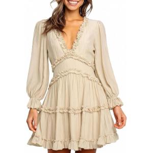 imageDokotoo Womens 2025 Summer Spring Deep V Neck Ruffle Long Sleeve Open Back Flowy Mini DressBeige