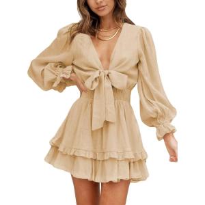 imageDokotoo Womens Casual Spring Fall 2025 Deep V Neck Knotted Tiered Chiffon Elegant Mini Short Swing Skater Dresses3 Apricot 2