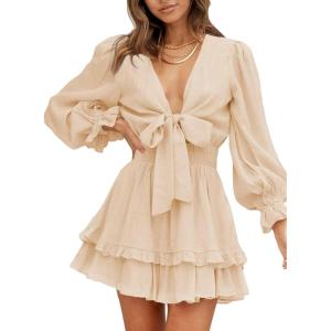 imageDokotoo Womens Casual Spring Fall 2025 Deep V Neck Knotted Tiered Chiffon Elegant Mini Short Swing Skater Dresses3 Apricot