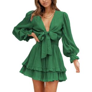 imageDokotoo Womens Casual Spring Fall 2025 Deep V Neck Knotted Tiered Chiffon Elegant Mini Short Swing Skater Dresses3 Dark Green