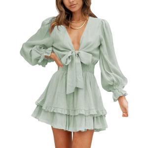 imageDokotoo Womens Casual Spring Fall 2025 Deep V Neck Knotted Tiered Chiffon Elegant Mini Short Swing Skater Dresses3 Green