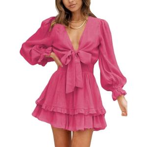 imageDokotoo Womens Casual Spring Fall 2025 Deep V Neck Knotted Tiered Chiffon Elegant Mini Short Swing Skater Dresses3 Pink 3