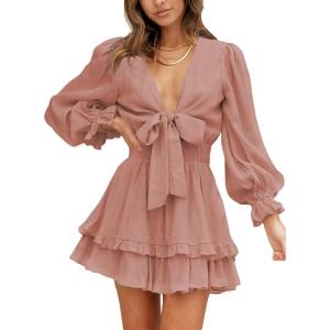 imageDokotoo Womens Casual Spring Fall 2025 Deep V Neck Knotted Tiered Chiffon Elegant Mini Short Swing Skater Dresses3 Pink 4